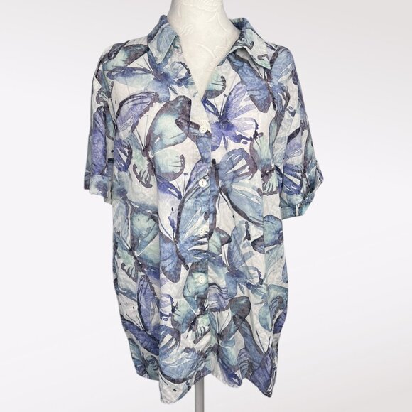Vintage Alfred Dunner Short Sleeve Button Down Shirt Butterfly Print Size Large - Picture 1 of 9